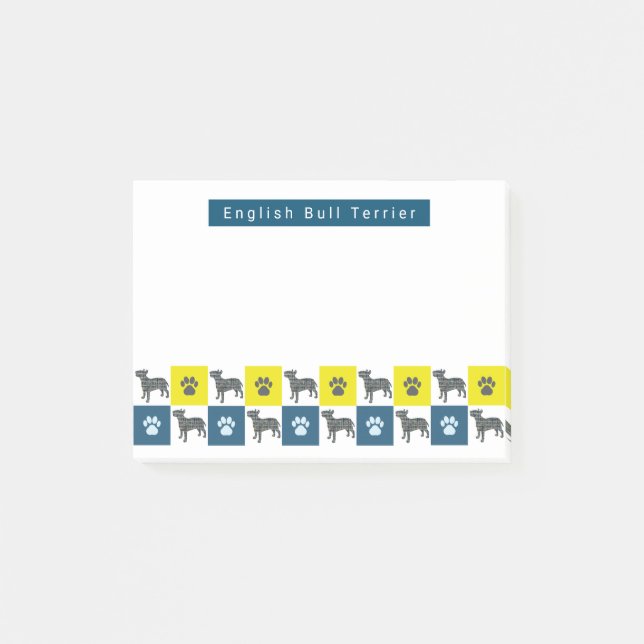 Bull Terrier Dog & Paw Yellow & Blue Grid Post-it Notes (Front)