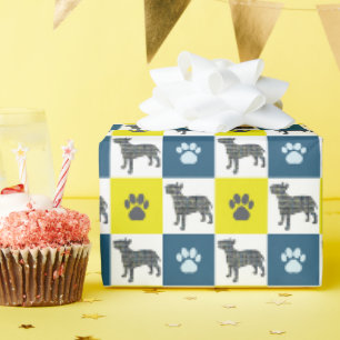Bull Terrier Dog & Paw Yellow & Blue Grid Wrapping Paper