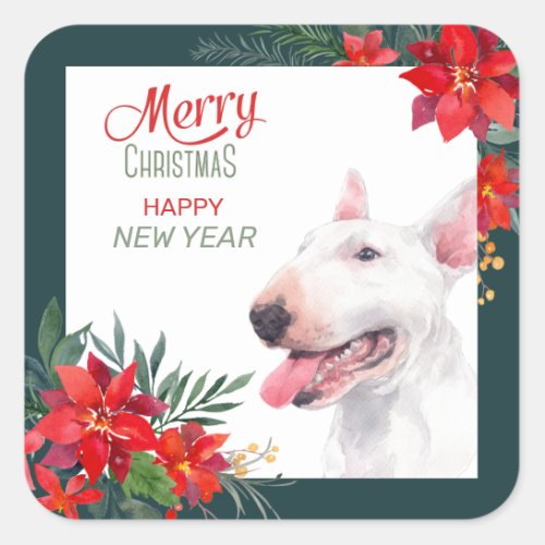 Bull Terrier Dog Poinsettia Border Christmas Square Sticker