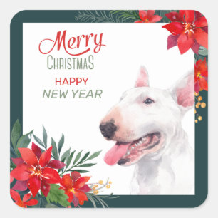 Bull Terrier Dog Poinsettia Border Christmas Square Sticker