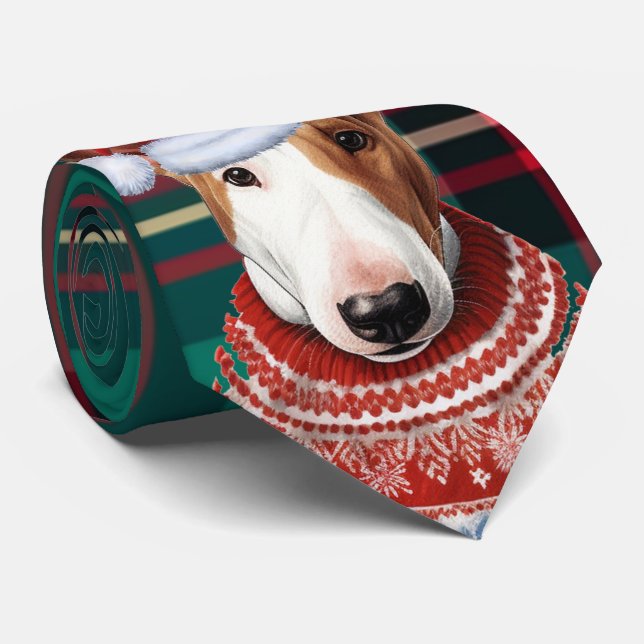Bull Terrier Dog Red and Green Plaid Christmas Neck Tie (Rolled)