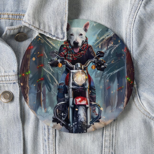 Bull Terrier Dog Riding Motorcycle Christmas Button (In Situ)