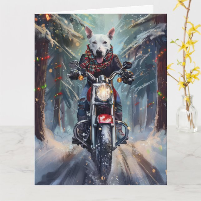 Bull Terrier Dog Riding Motorcycle Christmas Card (Yellow Flower)