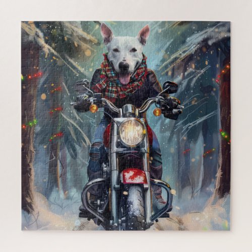 Bull Terrier Dog Riding Motorcycle Christmas Jigsaw Puzzle