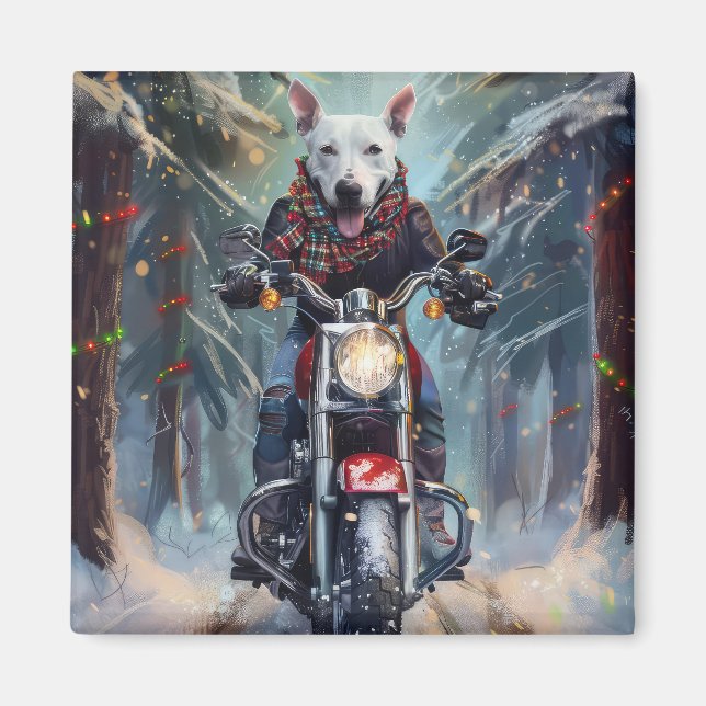 Bull Terrier Dog Riding Motorcycle Christmas Magnet (Front)
