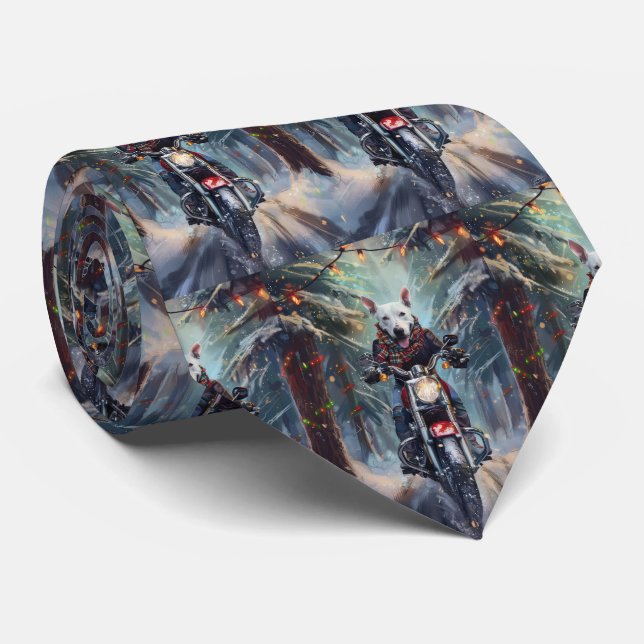 Bull Terrier Dog Riding Motorcycle Christmas Neck Tie (Rolled)