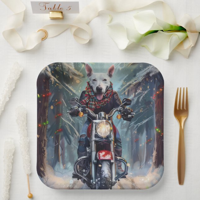 Bull Terrier Dog Riding Motorcycle Christmas Paper Plates (Wedding)