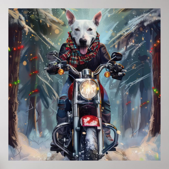 Bull Terrier Dog Riding Motorcycle Christmas Poster (Front)