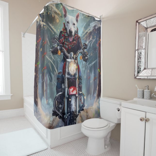 Bull Terrier Dog Riding Motorcycle Christmas Shower Curtain (In Situ)
