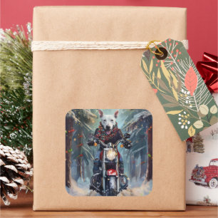 Bull Terrier Dog Riding Motorcycle Christmas Square Sticker