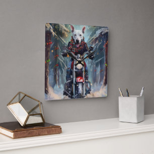 Bull Terrier Dog Riding Motorcycle Christmas Square Wall Clock
