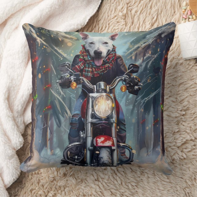 Bull Terrier Dog Riding Motorcycle Christmas Throw Pillow (Blanket)