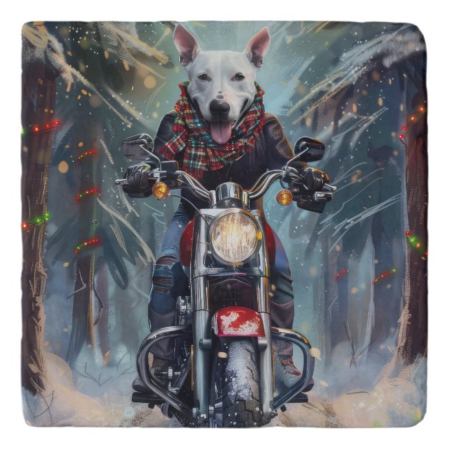 Bull Terrier Dog Riding Motorcycle Christmas Trivet (Front)