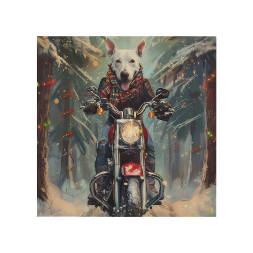 Bull Terrier Dog Riding Motorcycle Christmas Wood Wall Art