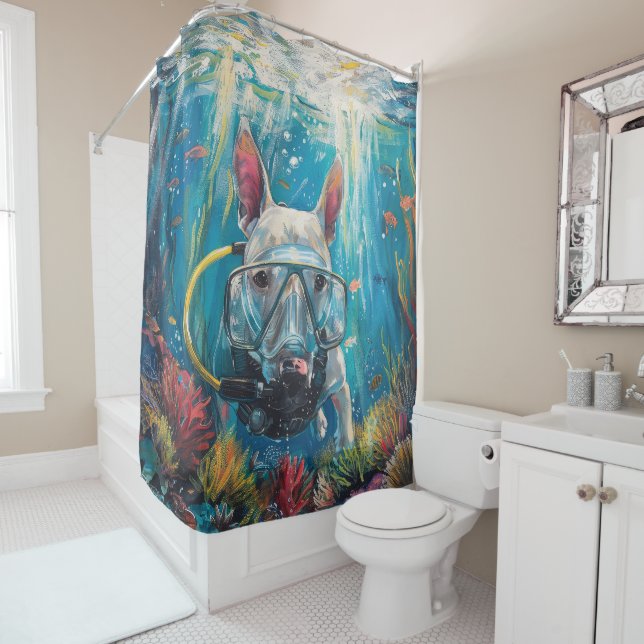 Bull Terrier Dog Scuba Diving Underwater Shower Curtain (In Situ)