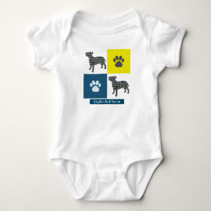 Bull Terrier Dog Silhouette & Paw Y&B Grid Square Baby Bodysuit