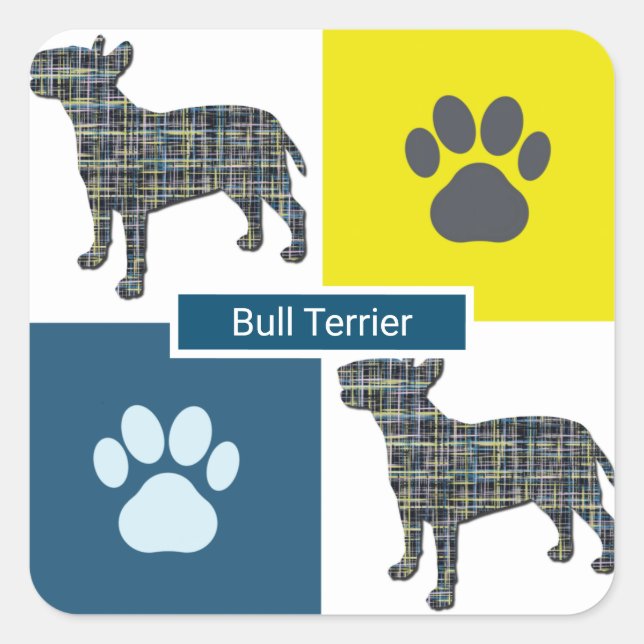 Bull Terrier Dog Silhouette & Paw Y&B Grid Square Sticker (Front)