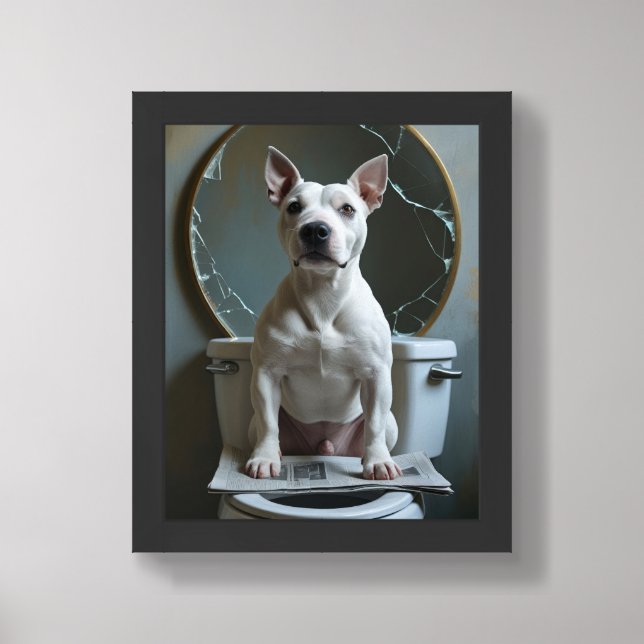 Bull Terrier Dog Sitting On Toilet Funny Framed Art (Framed Front)