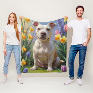 Bull Terrier Dog Spring Flowers Painting  Fleece Blanket
