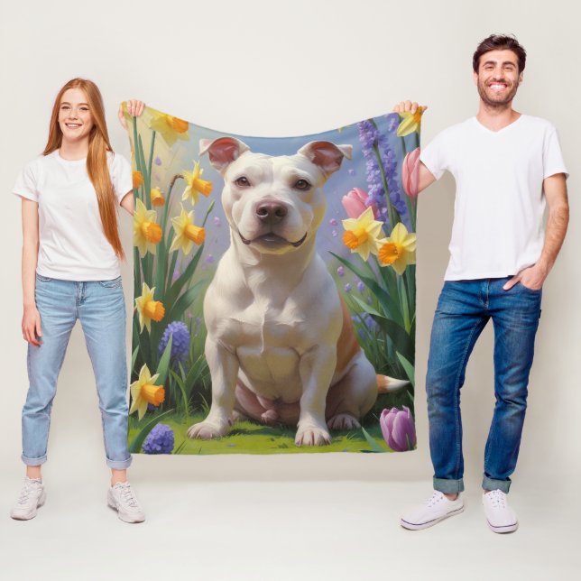 Bull Terrier Dog Spring Flowers Painting  Fleece Blanket (In Situ)