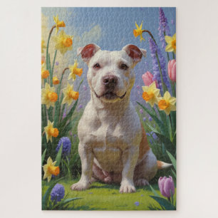 Bull Terrier Dog Spring Flowers Painting  Jigsaw Puzzle