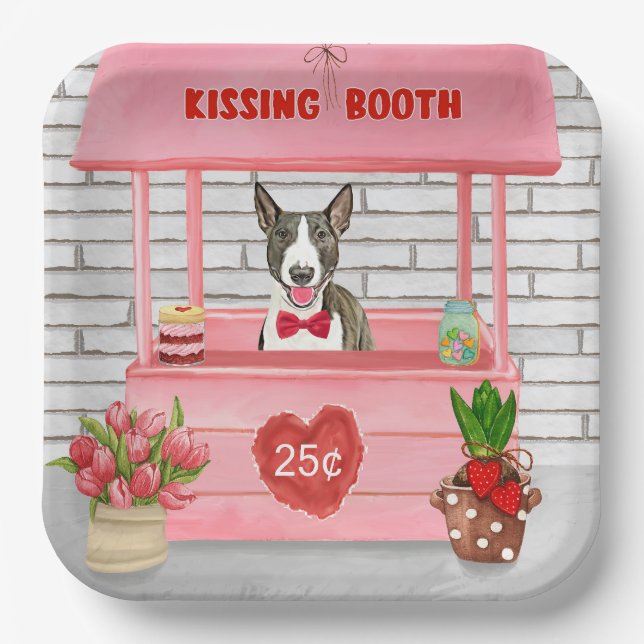 Bull Terrier Dog Valentine's Day Kissing Booth Paper Plates (Front)