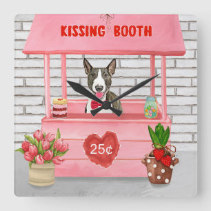 Bull Terrier Dog Valentine's Day Kissing Booth Square Wall Clock