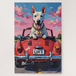 Bull Terrier Dog Valentine's Day Red Convertible Jigsaw Puzzle