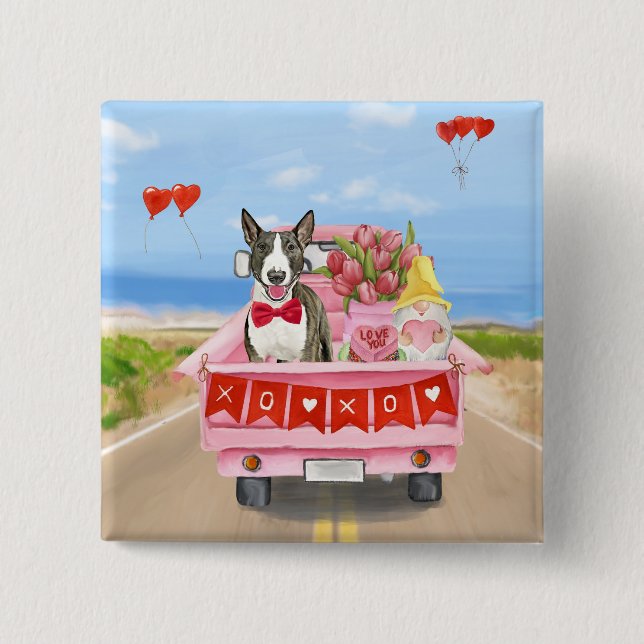 Bull Terrier Dog Valentine's Day Truck Hearts Button (Front)