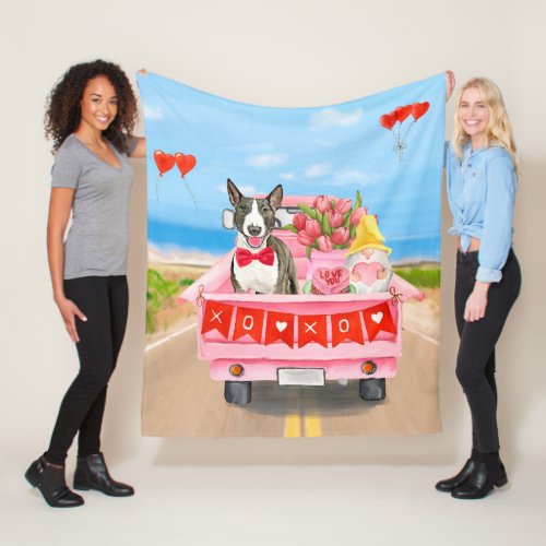 Bull Terrier Dog Valentines Day Truck Hearts Fleece Blanket