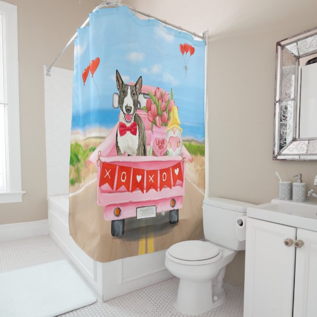 Bull Terrier Dog Valentine's Day Truck Hearts  Shower Curtain (In Situ)
