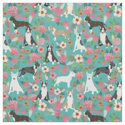 Bull Terrier dog vintage florals turquoise Fabric