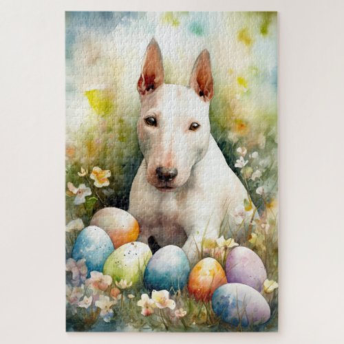 Bull Terrier Dog with Easter Eggs Holiday Jigsaw Puzzle