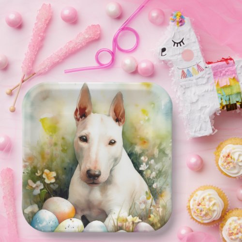 Bull Terrier Dog with Easter Eggs Holiday Paper Plates