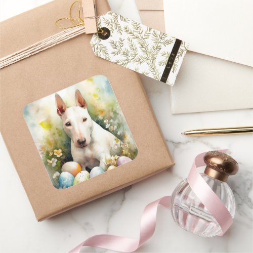 Bull Terrier Dog with Easter Eggs Holiday Square Sticker