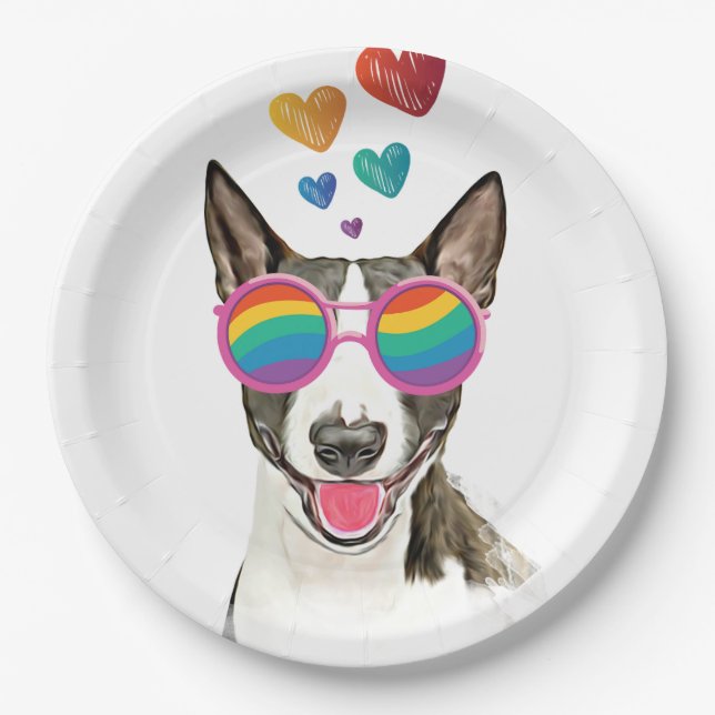 Bull Terrier Dog with Hearts Valentine's Day Paper Plates (Front)