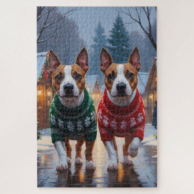 Bull Terrier Dogs Christmas Snow Holiday Jigsaw Puzzle (Vertical)