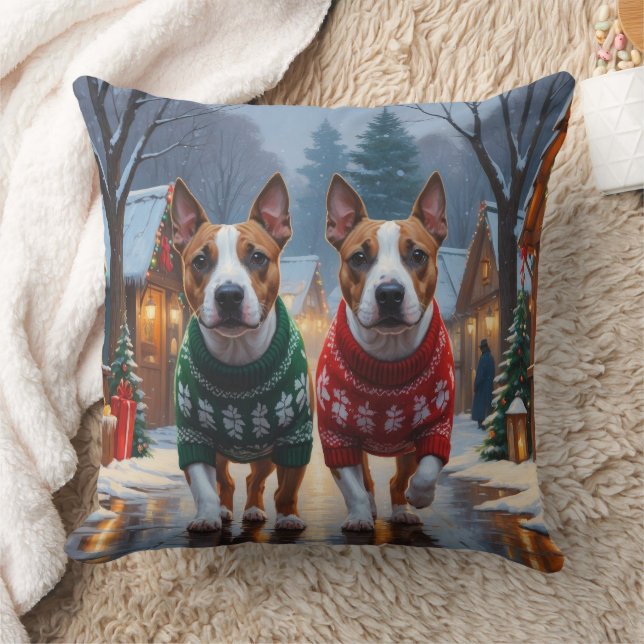 Bull Terrier Dogs Christmas Snow Holiday Throw Pillow (Blanket)