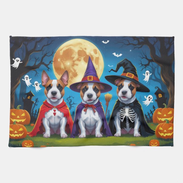 Bull Terrier Dogs Pumpkin Halloween Funny Kitchen Towel (Horizontal)