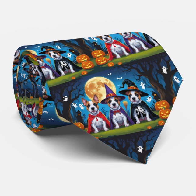 Bull Terrier Dogs Pumpkin Halloween Funny Neck Tie (Rolled)