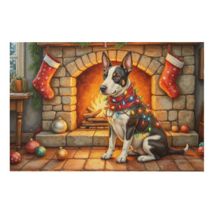 Bull Terrier Fireplace with Christmas Lights Wood Wall Art