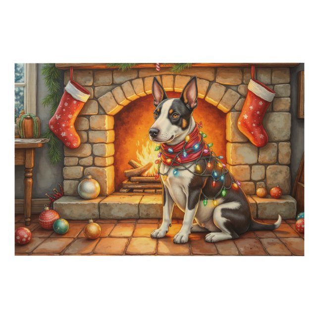 Bull Terrier Fireplace with Christmas Lights Wood Wall Art (Front)