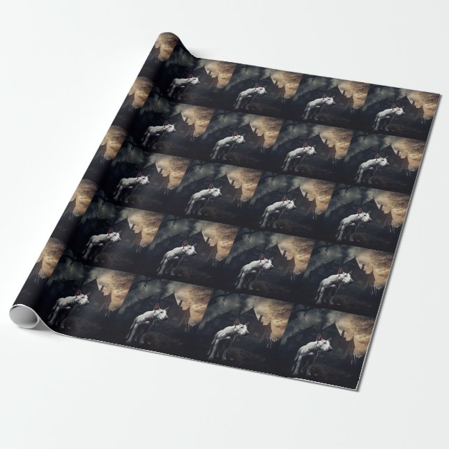 Bull Terrier Halloween Scary Wrapping Paper (Unrolled)