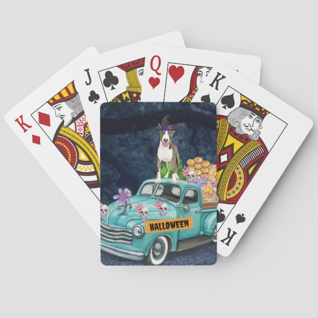 Bull Terrier Halloween Truck Scary Night  Poker Cards (Back)