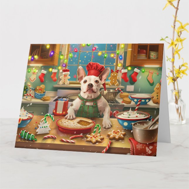 Bull Terrier Holiday Baking: Festive Christmas Card (Yellow Flower)