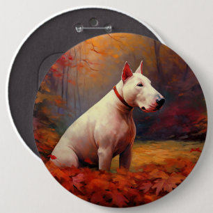 Bull Terrier in Autumn Leaves Fall Inspire Button