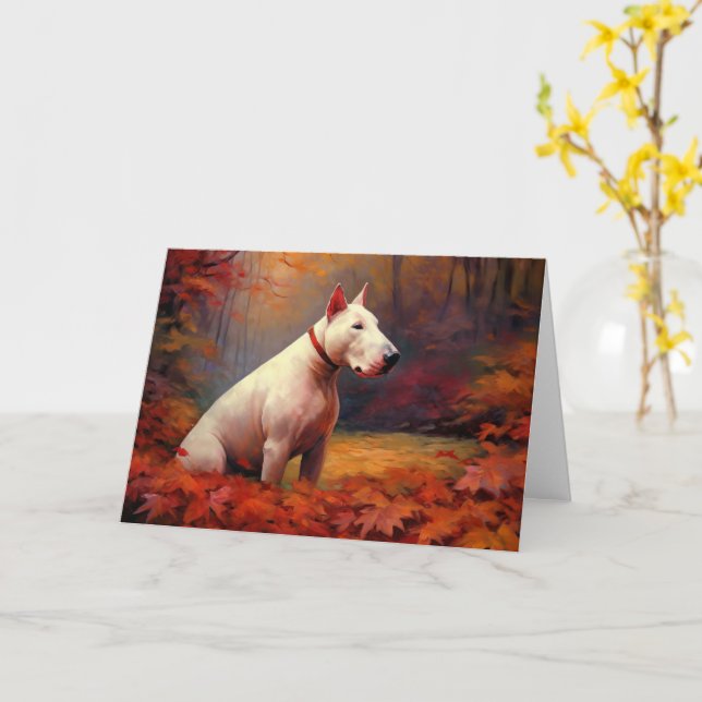 Bull Terrier in Autumn Leaves Fall Inspire  Card (Yellow Flower)