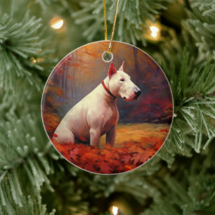 Bull Terrier in Autumn Leaves Fall Inspire  Ceramic Ornament