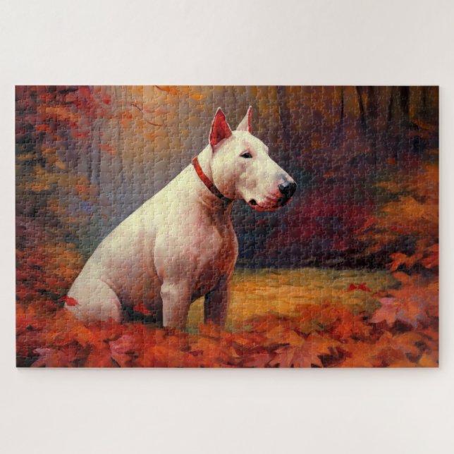 Bull Terrier in Autumn Leaves Fall Inspire  Jigsaw Puzzle (Horizontal)