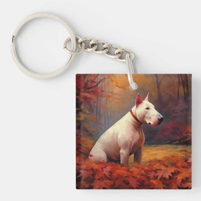Bull Terrier in Autumn Leaves Fall Inspire  Keychain (Front)